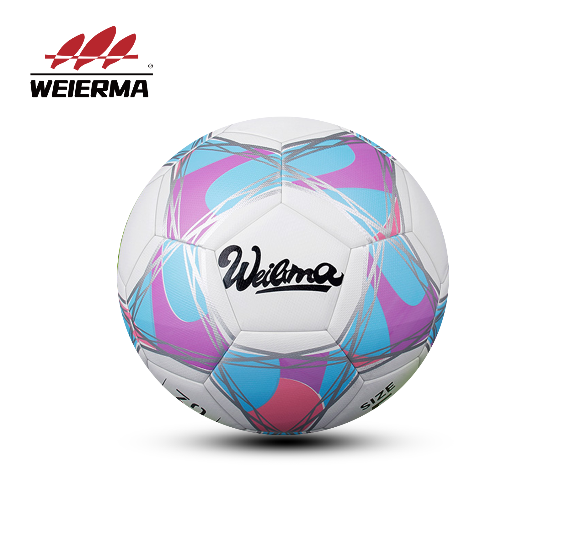 Red, blue and purple footballs